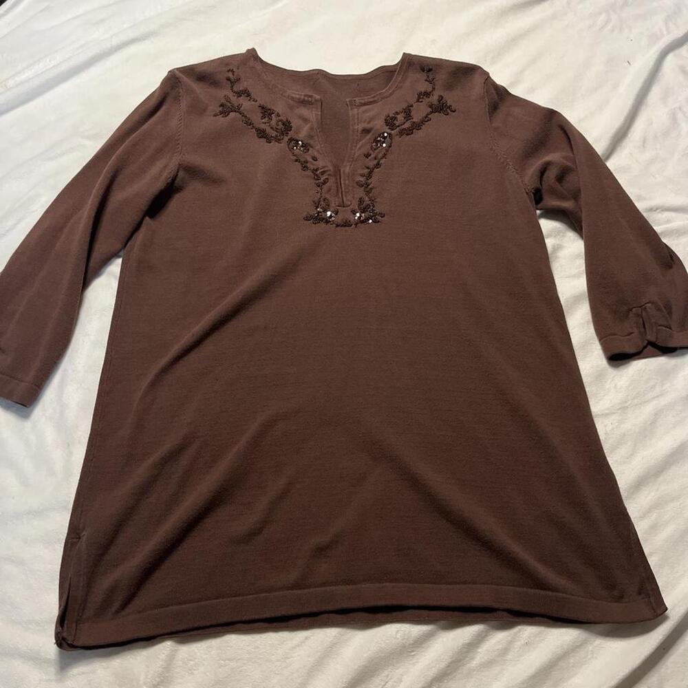 SUZY SHIER BROWN BEADED EMBROIDERED TOP